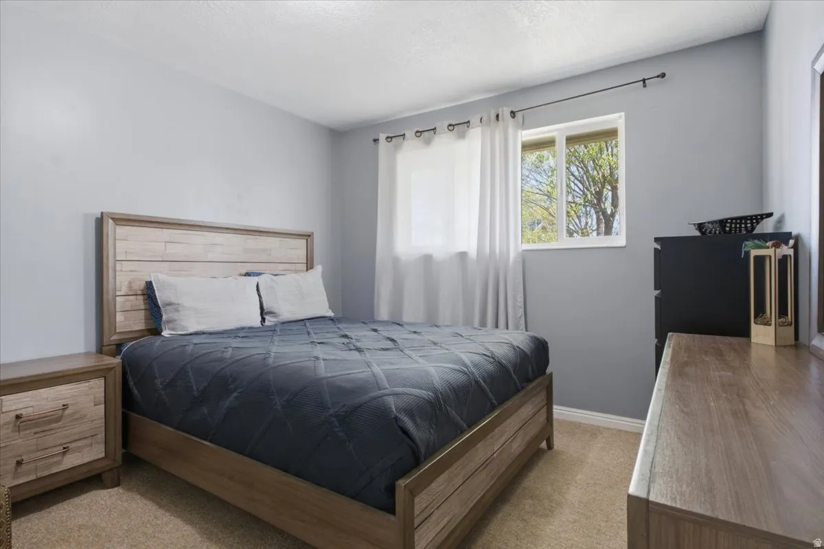 Carpeted bedroom featuring light gray walls, a window with white trim, and white curtains