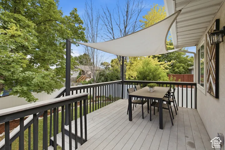 Covered deck out back offers the perfect space to eat outdoors or entertain guests.