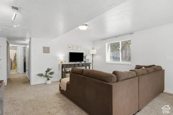 Carpeted living area featuring a large window with horizontal blinds, track lighting, and a console table