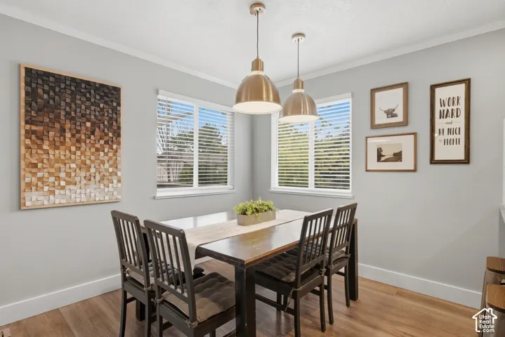 Two large windows in the dining area offer plenty of natural light to this corner space.