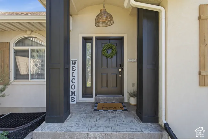 Inviting entry featuring a paneled black door with a sidelight, a textured concrete porch, and substantial dark-toned columns.