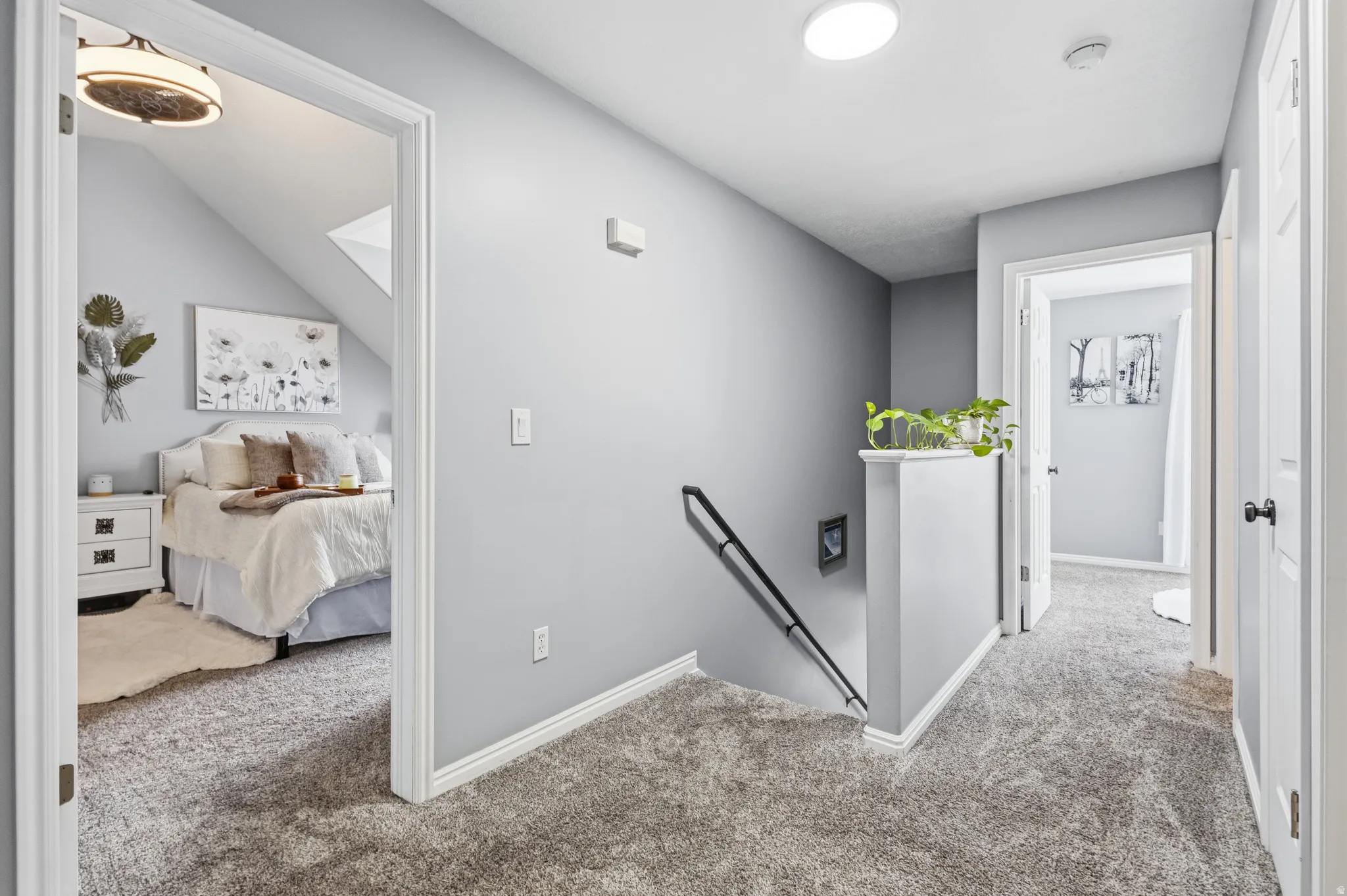 Carpeted hallway with light gray walls, white baseboards, and a circular ceiling light fixture