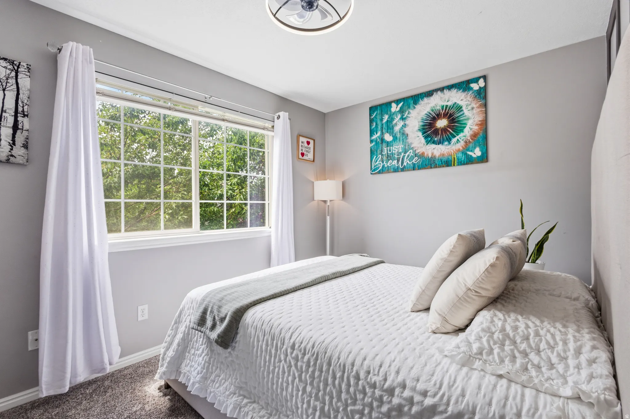 Room featuring gray wall paint, a large window with grid panes, textured carpet flooring, and a ceiling fan with integrated lighting