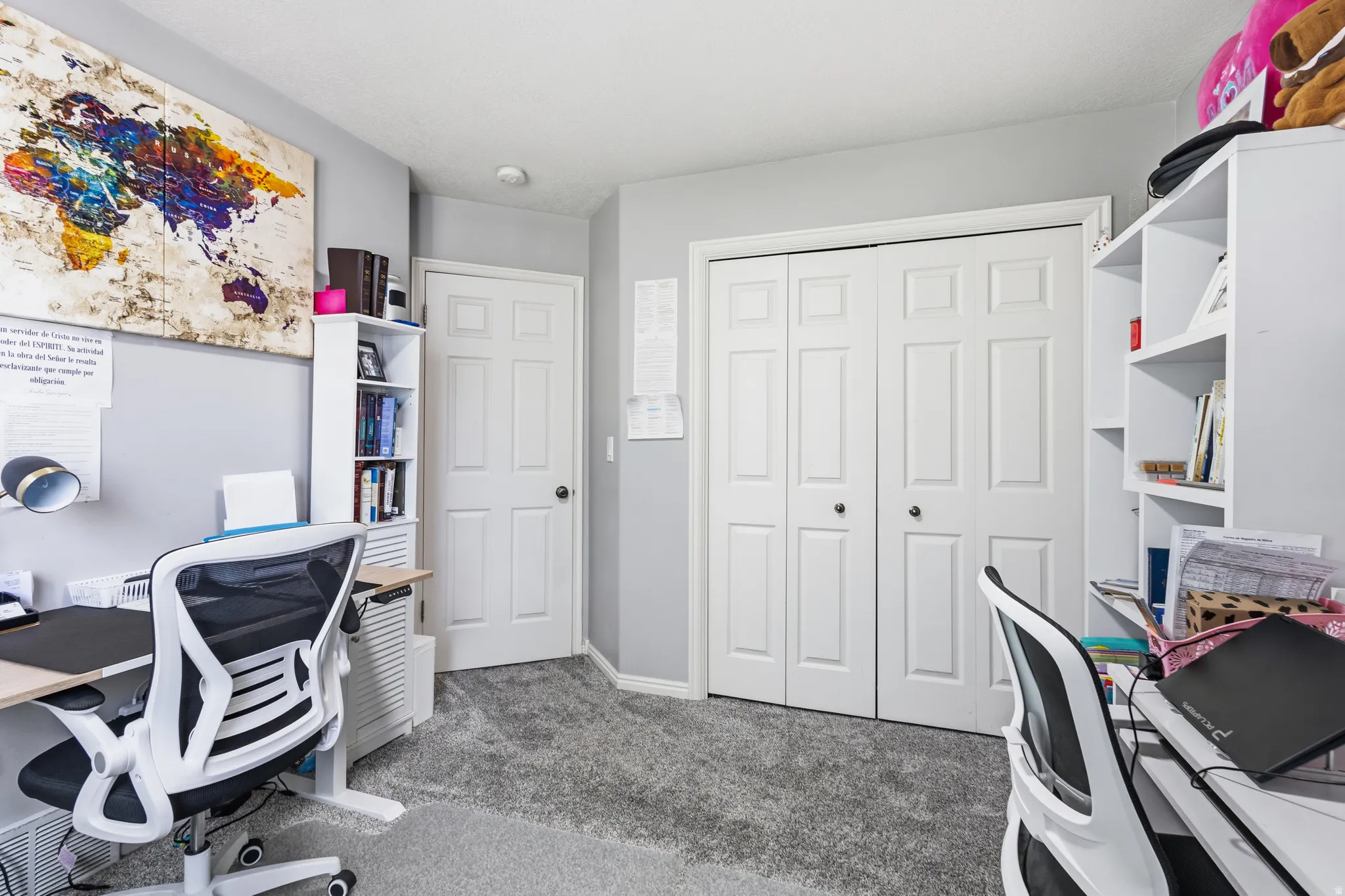 Room featuring neutral gray wall paint, gray carpeting, a built-in shelving unit, and a bi-fold closet door