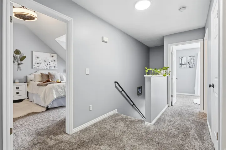 Carpeted hallway with light gray walls, white baseboards, and a circular ceiling light fixture