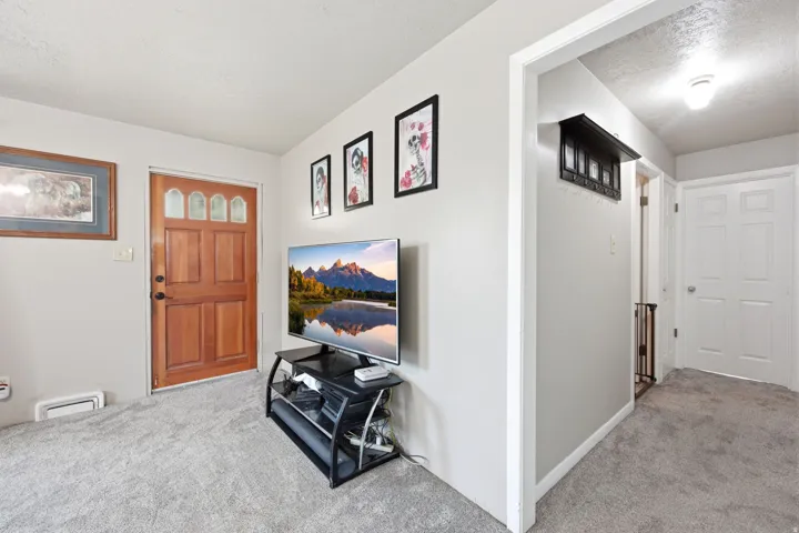 Entryway featuring a wood-panel door with arched glass inserts, light gray wall finishes, and gray carpet flooring