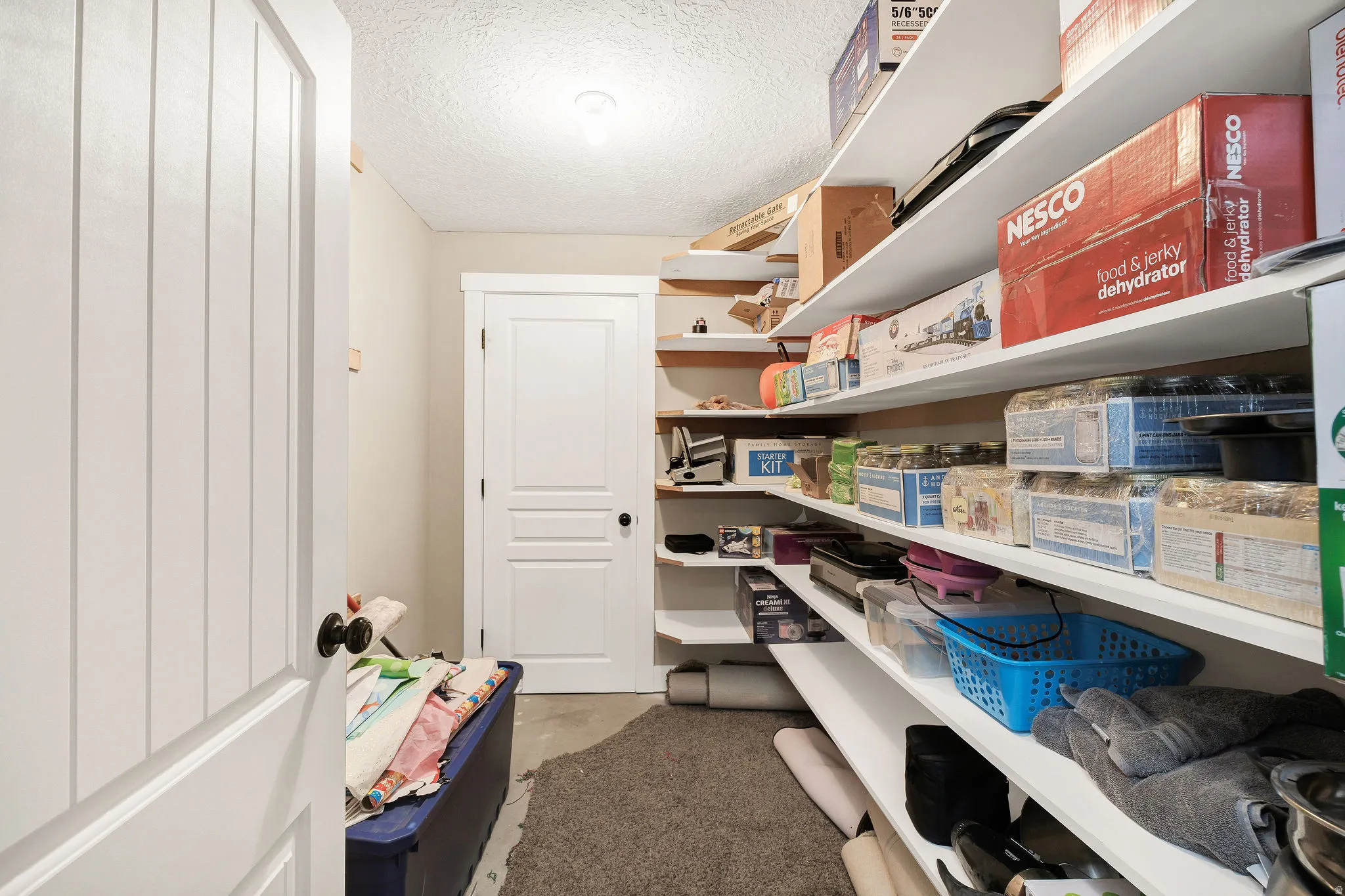 Spacious walk-in pantry featuring extensive built-in shelving, white paneled doors, and ceiling-mounted lighting