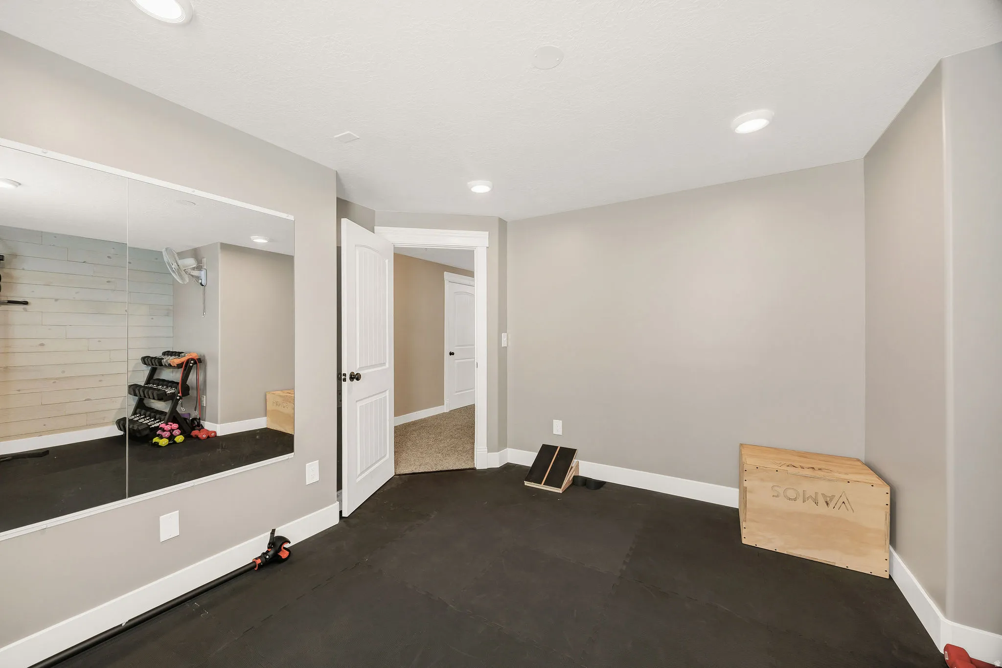 Dedicated space featuring rubber flooring and a full-wall mirror