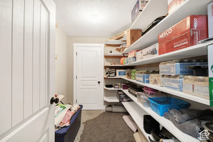 Spacious walk-in pantry featuring extensive built-in shelving, white paneled doors, and ceiling-mounted lighting