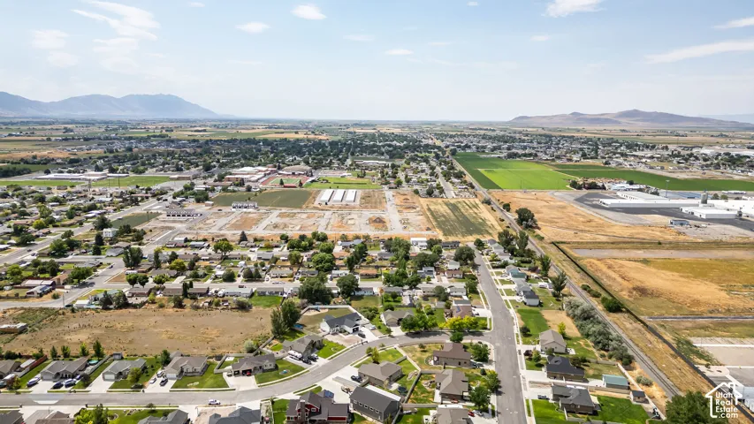 Aerial perspective showcasing a residential area with varied housing styles