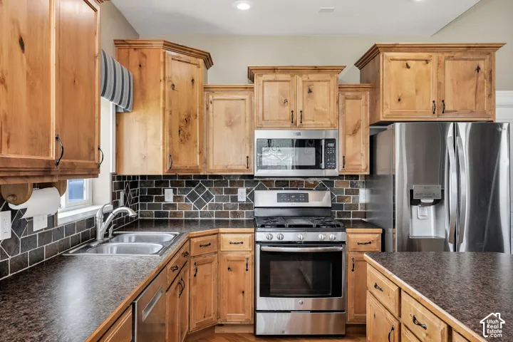 Kitchen featuring stainless steel appliances, wood cabinetry, dark countertops, and a tiled backsplash