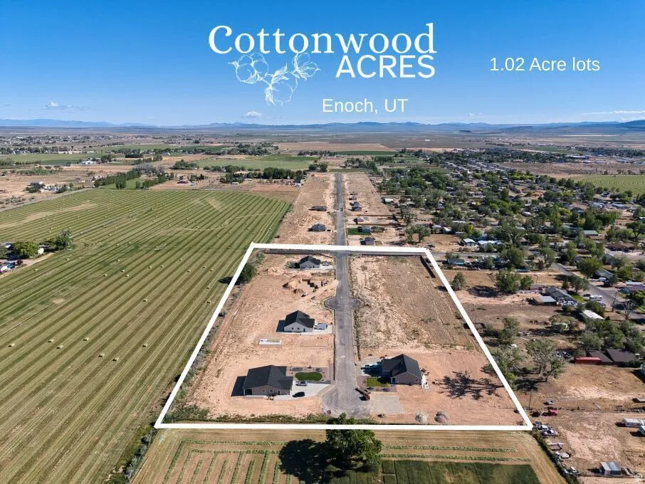 Aerial perspective featuring multiple developed lots with residential structures and surrounding undeveloped land