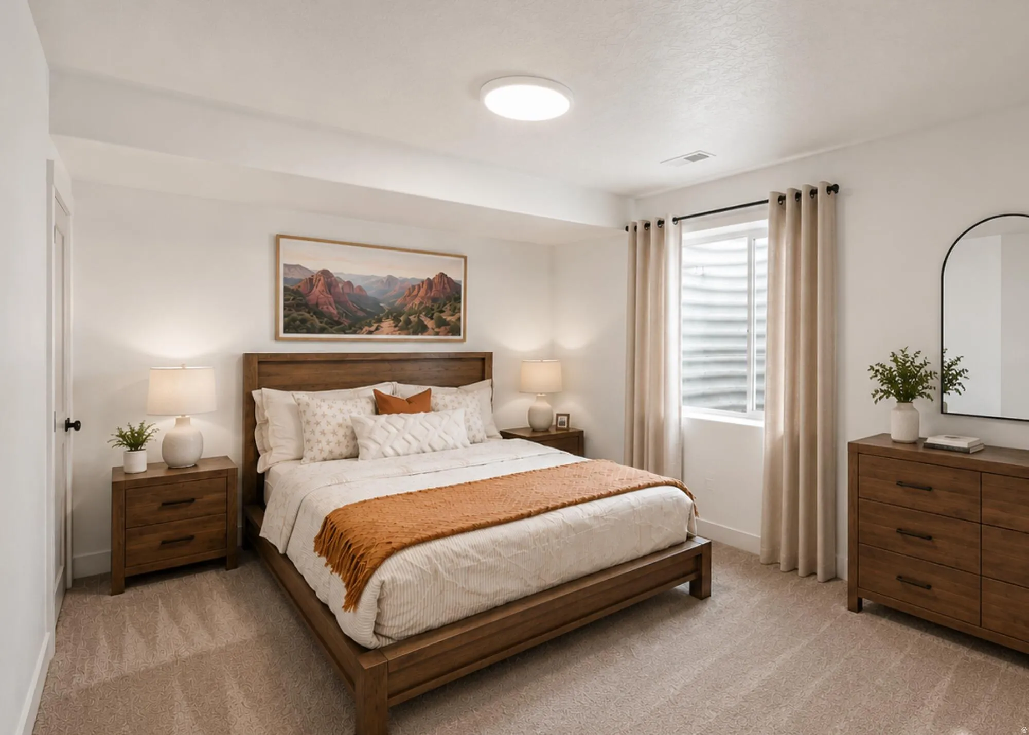 Bedroom featuring neutral carpeting, a window with horizontal blinds, and a flush-mount ceiling light