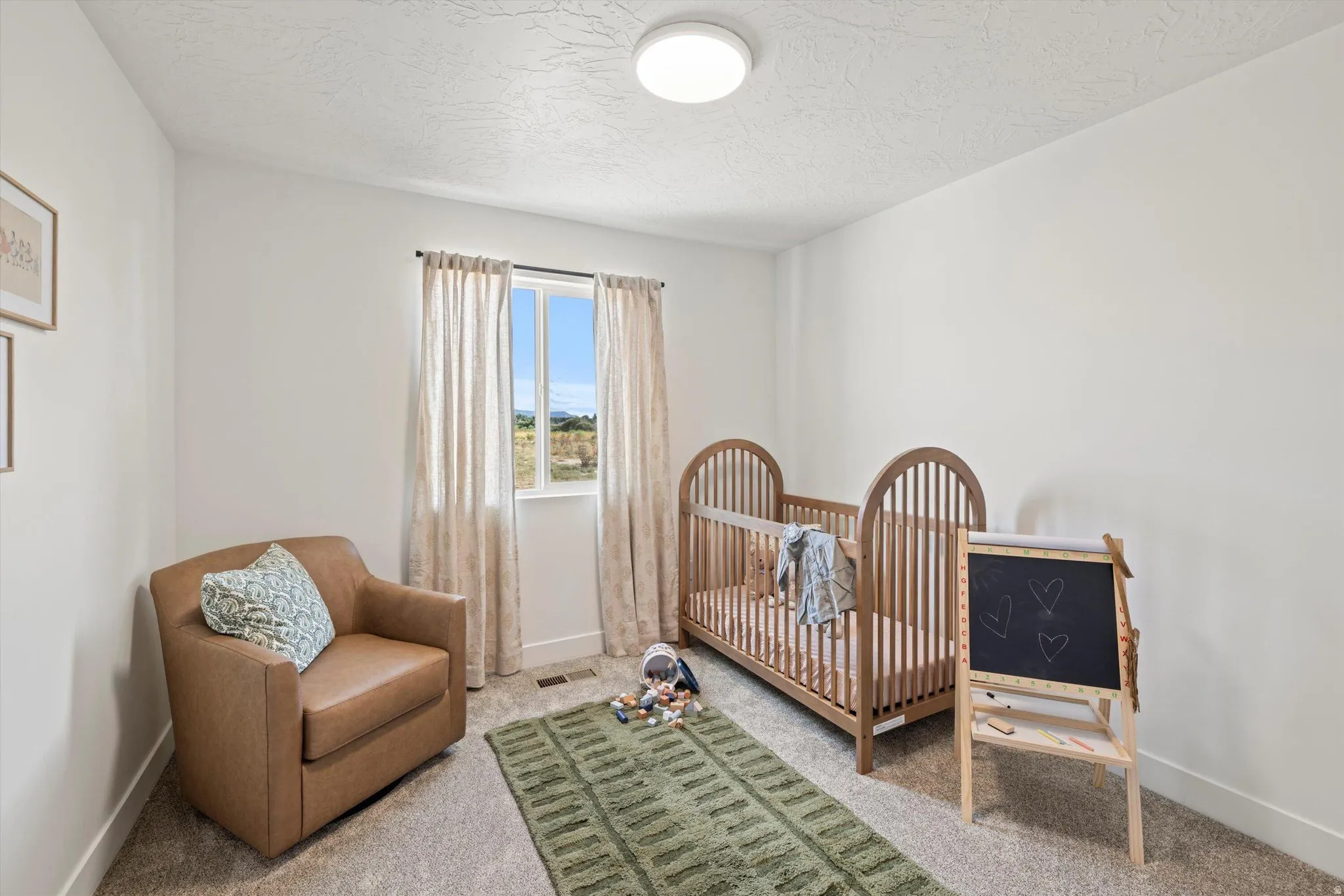 Carpeted room featuring a double-paned window, white baseboards, and a flush-mount ceiling light