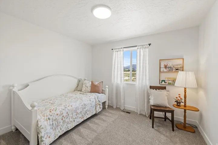 Bright room featuring a single window with white trim, carpeting, and a flush-mount ceiling light
