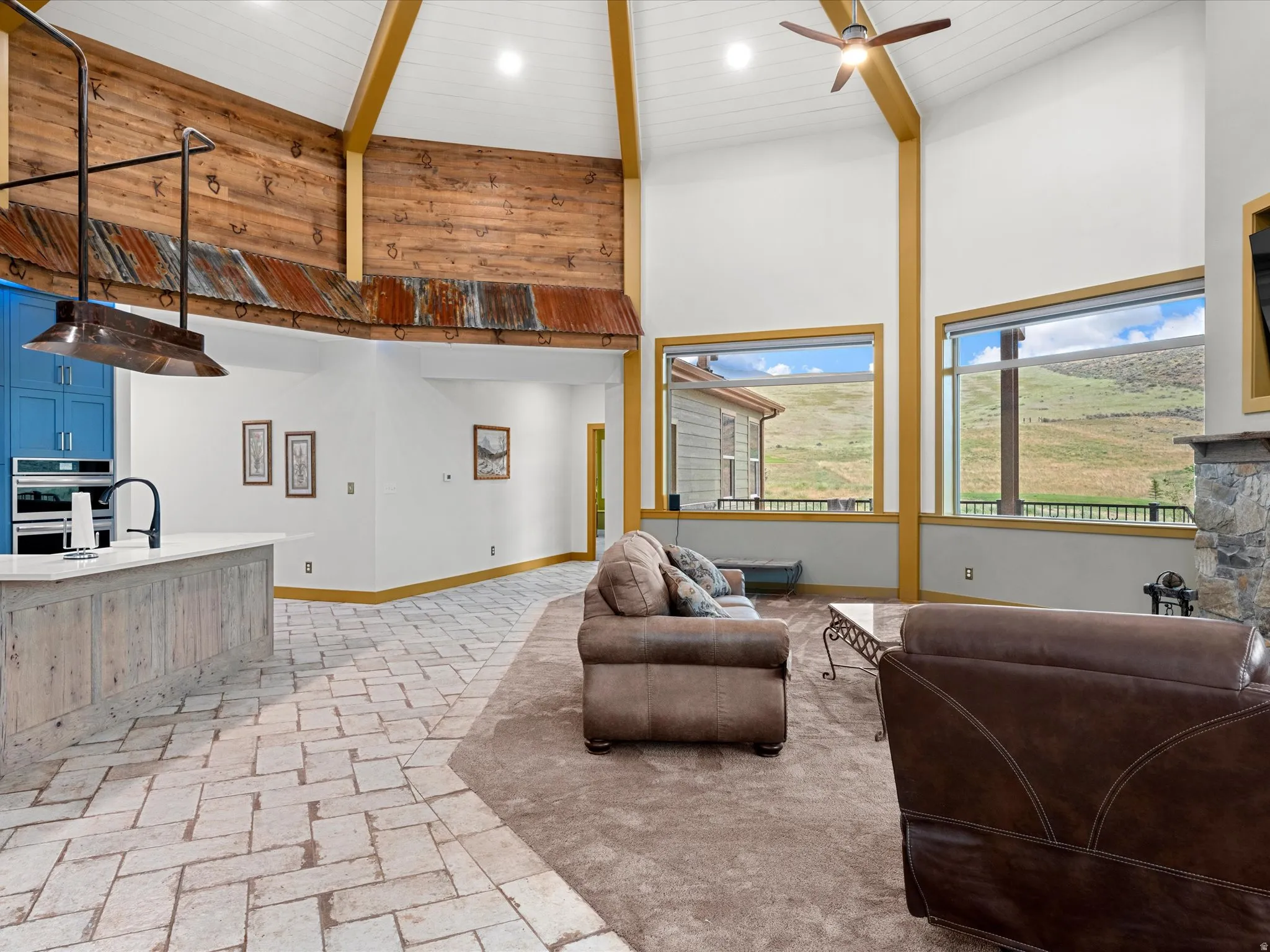 Vaulted wood-paneled ceilings with exposed beams