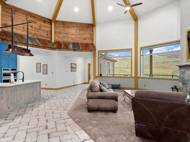 Vaulted wood-paneled ceilings with exposed beams