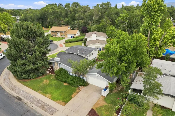 Suburban residence featuring a grey exterior, attached garage, and a concrete driveway