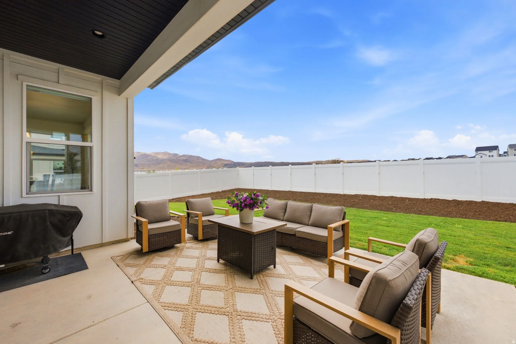 Covered concrete patio with a dark wood-finish ceiling, featuring a large outdoor rug
