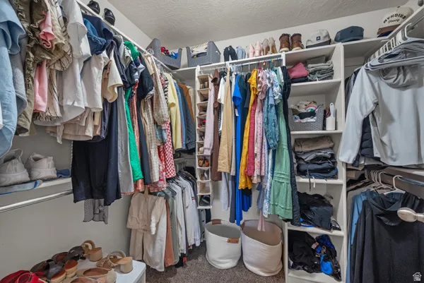 Walk-in closet featuring extensive built-in shelving, multiple hanging rods, and integrated shoe storage