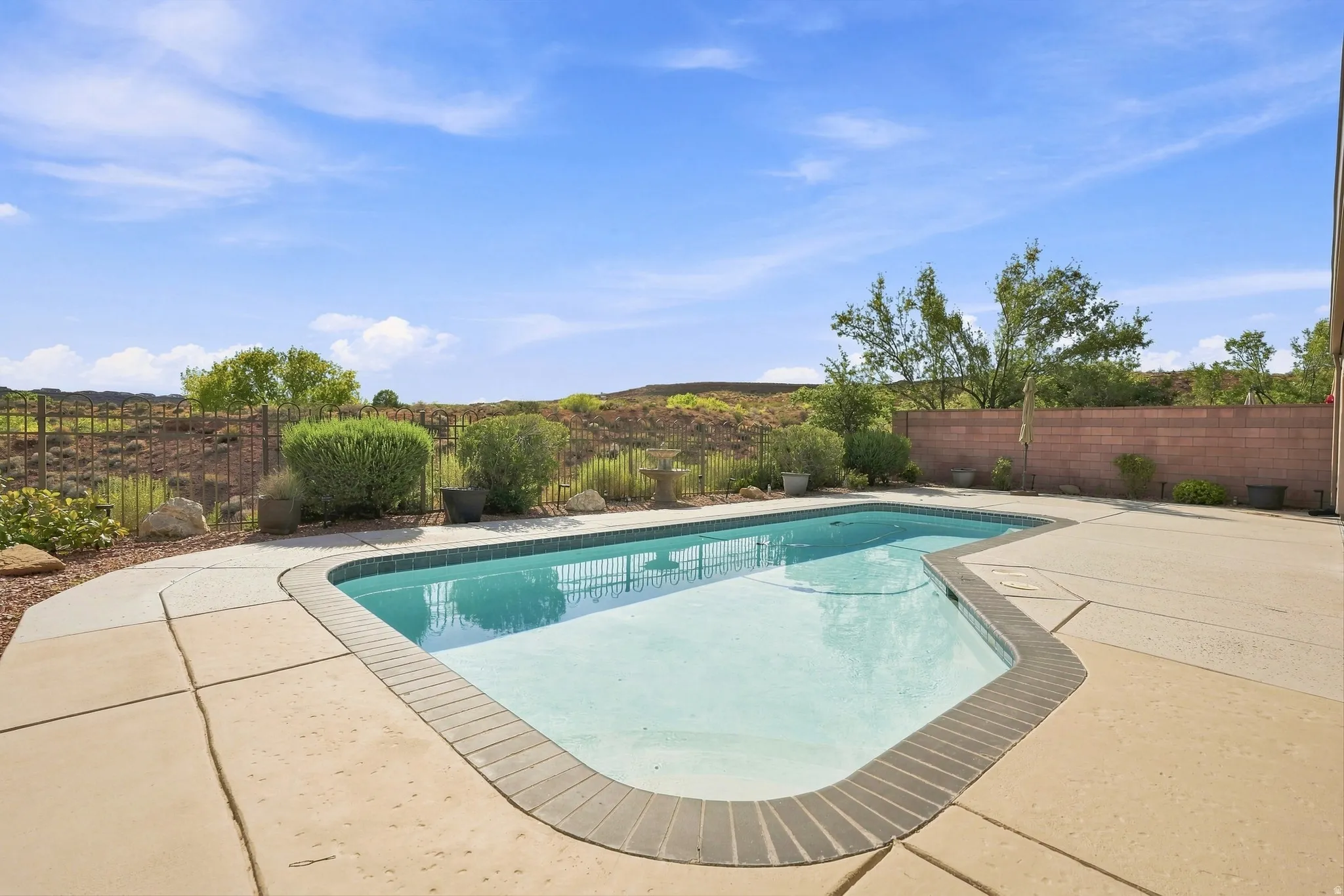 Freeform swimming pool with a brick coping and concrete surround