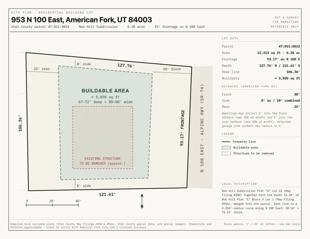Site Plan, Residential Building Lot. Detailing property dimensions, setbacks, and buildable area