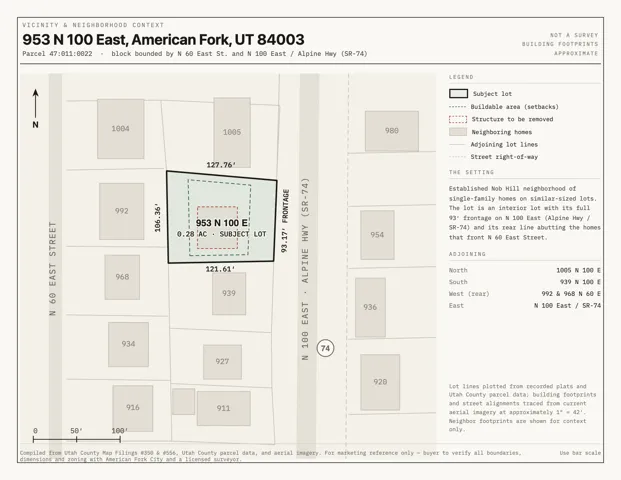 Vicinity and Neighborhood Context Map. Depicting the subject lot, buildable area, and adjoining properties with relevant dimensions