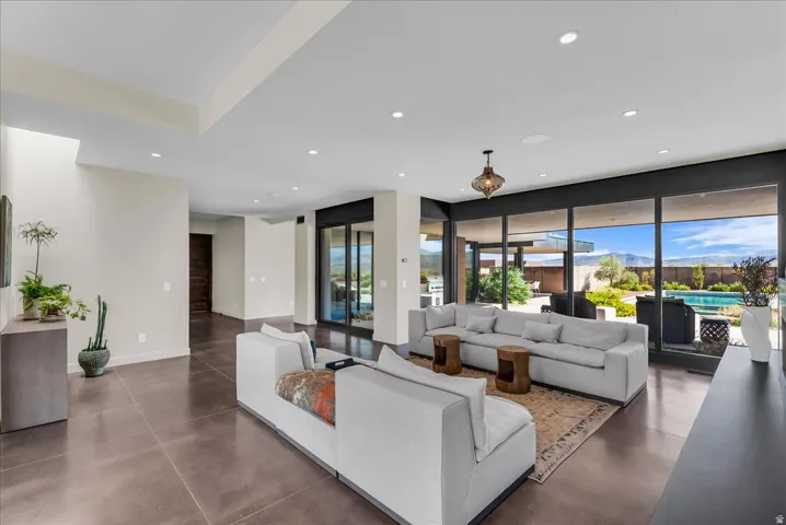 Great Room with views of the pool and spa area