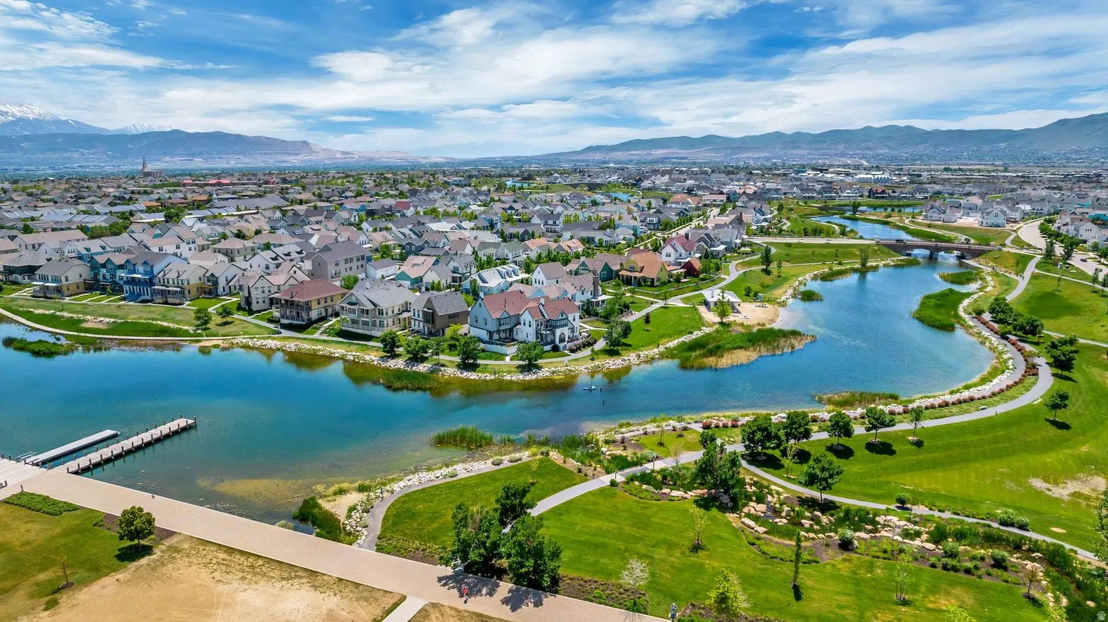 Aerial perspective showcasing a residential community with varied architectural styles