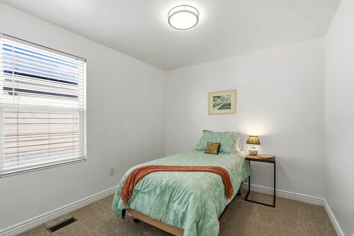 Bright secondary bedroom featuring carpet flooring, a large window with horizontal blinds providing natural light, neutral wall finishes, and a ceiling-mounted light fixture