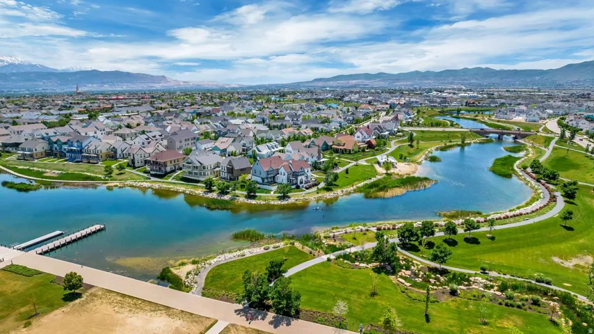 Aerial perspective showcasing a residential community with varied architectural styles