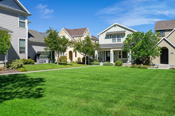 Expansive green lawn with mature trees and a sidewalk, bordered by a light blue home with a covered porch and a light yellow home with an arched entrance