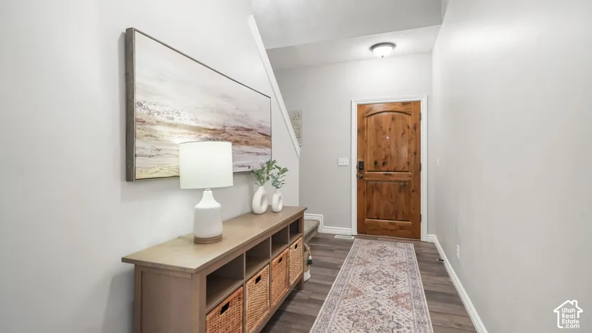 Entryway featuring a wood-finish door with an arched panel, wood-finish flooring, and light gray wall paint