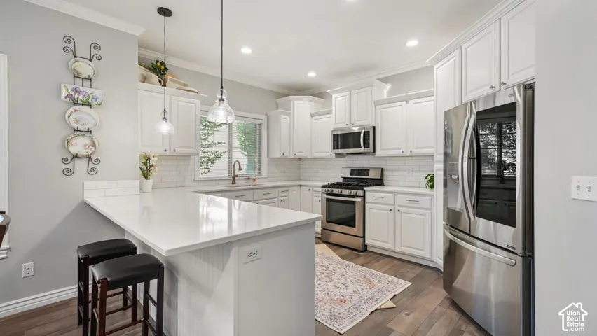 White kitchen featuring shaker-style cabinetry, stainless steel appliances, pendant lighting, and wood-finish flooring