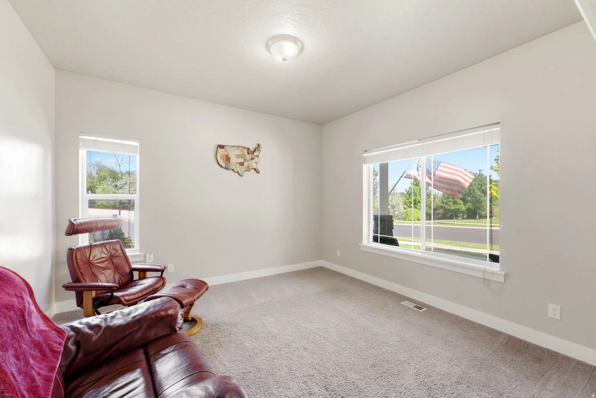Spacious room featuring light gray walls, plush gray carpeting, and multiple windows providing natural illumination