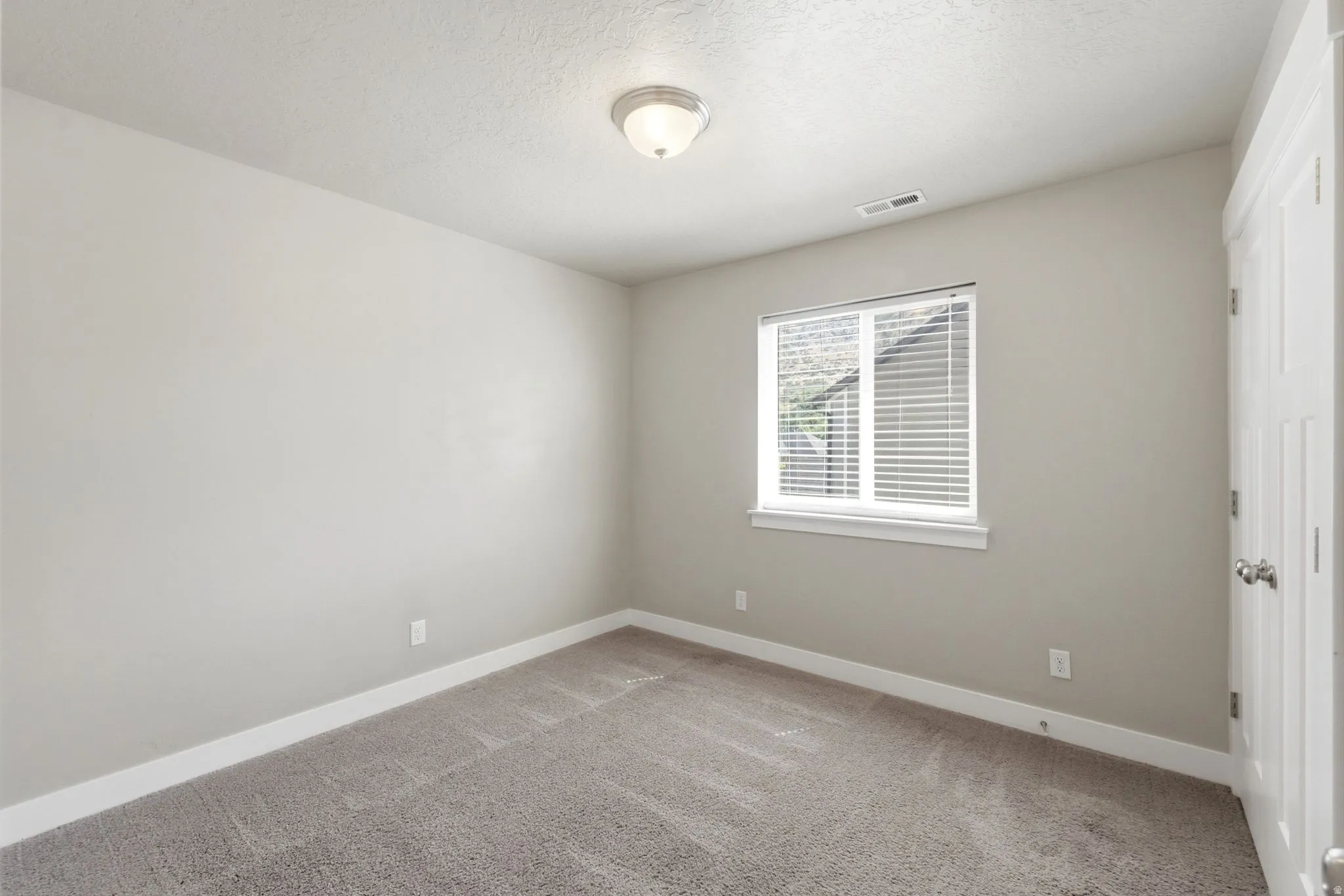 Neutral toned room featuring plush carpet, a single window with blinds, and a white paneled door