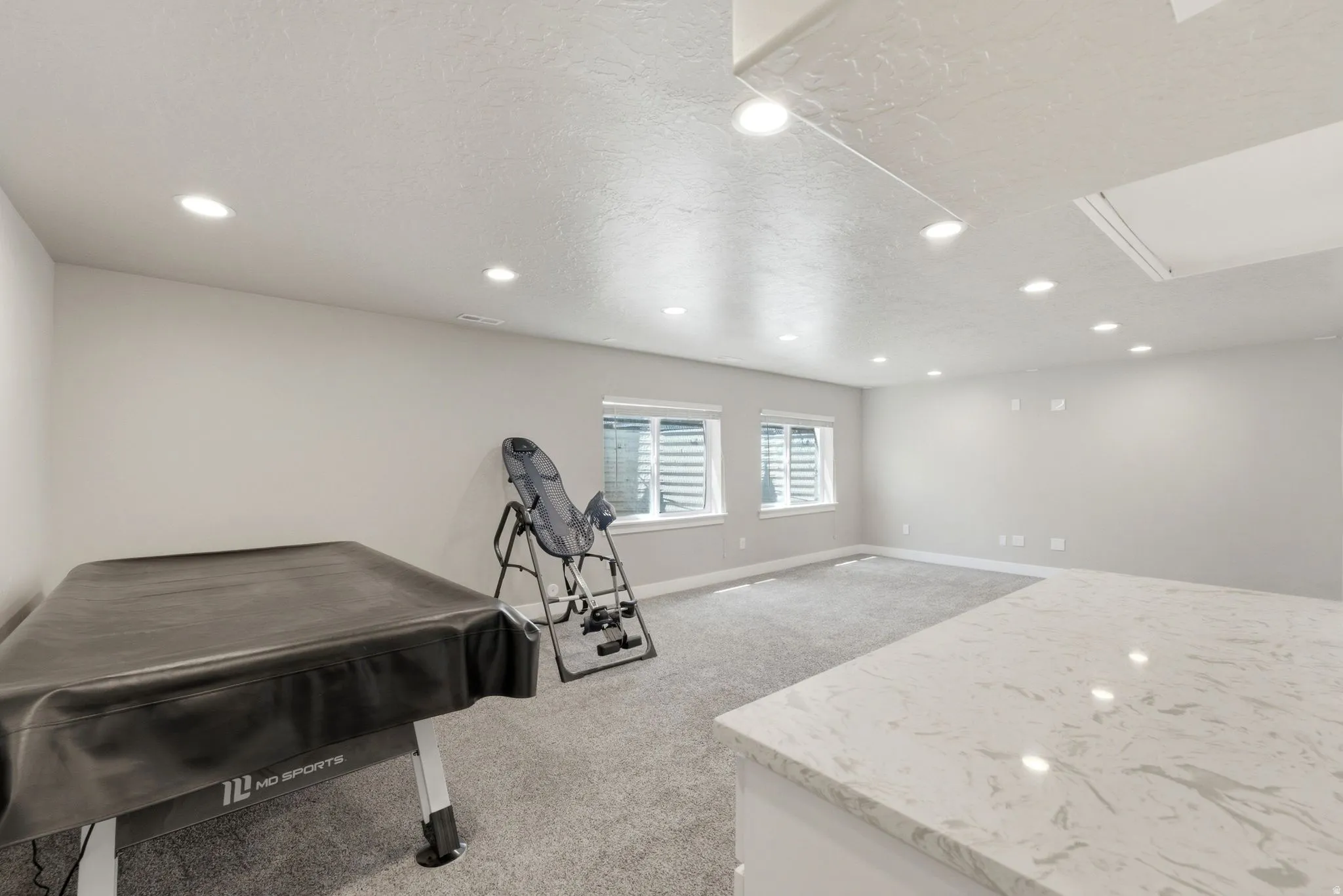 Spacious room featuring light gray carpeting, recessed lighting, two windows with horizontal blinds, and a white countertop with gray veining