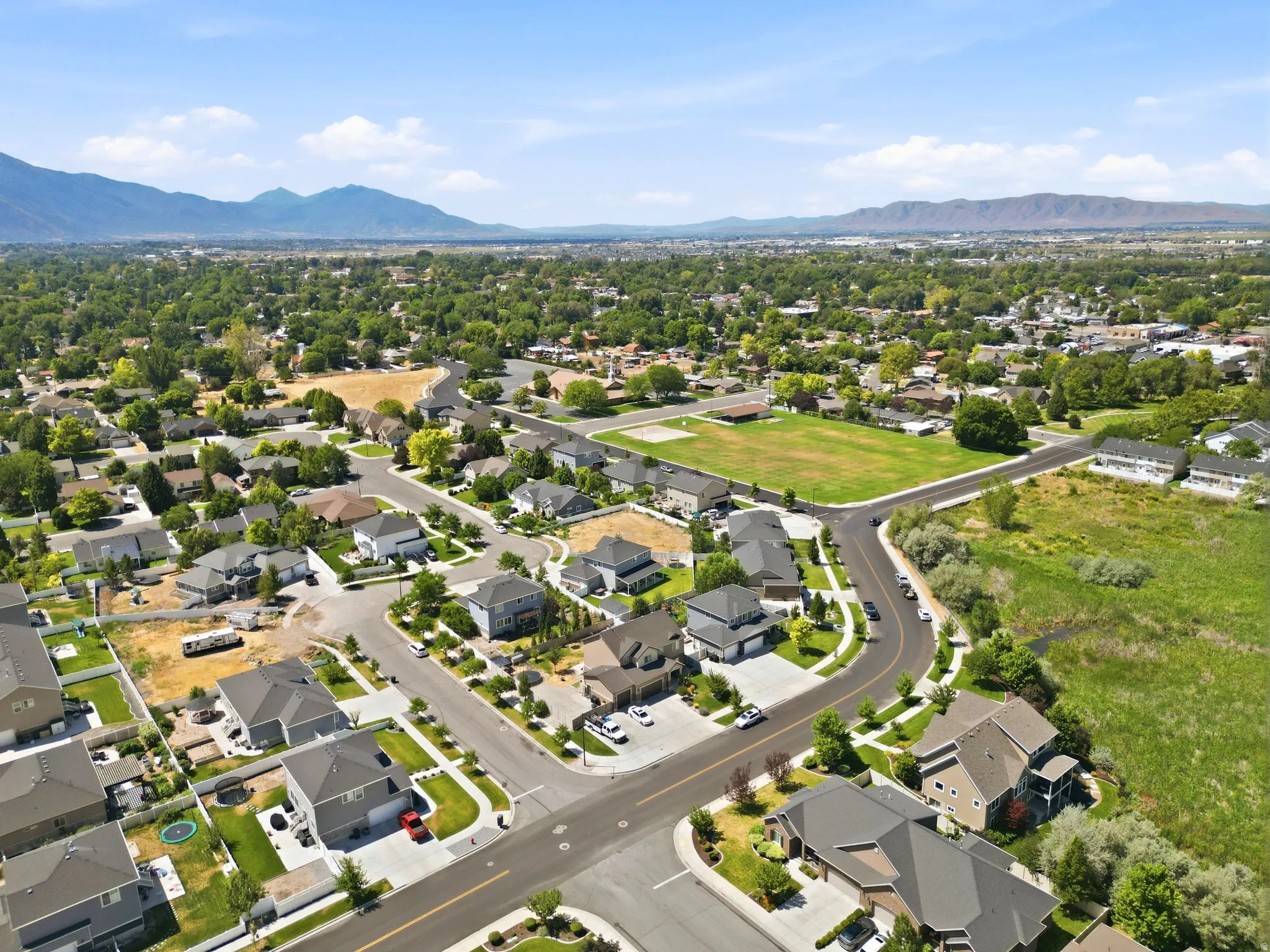 Aerial perspective of a residential community featuring diverse home styles and established landscaping