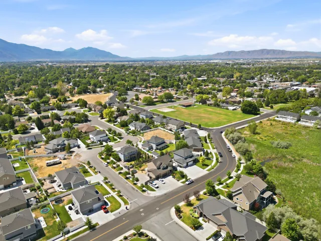 Aerial perspective of a residential community featuring diverse home styles and established landscaping