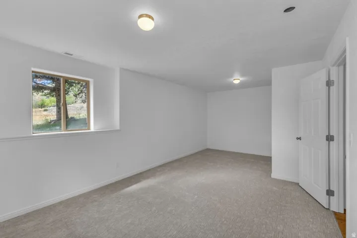 Carpeted room with a double-pane window, white trim, and two flush-mount ceiling light fixtures