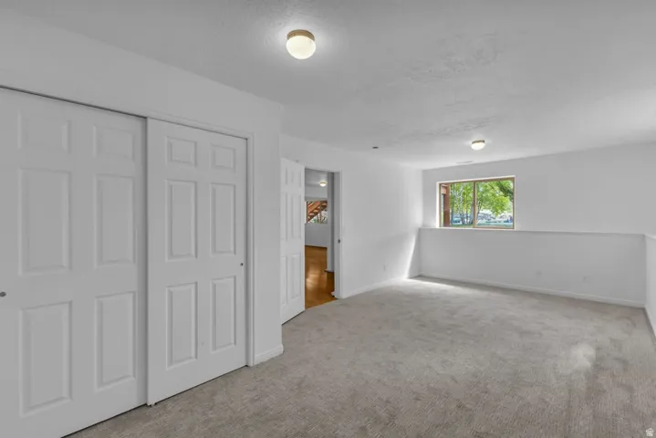 Spacious room featuring light gray carpeting, a large window, and two flush-mount ceiling lights
