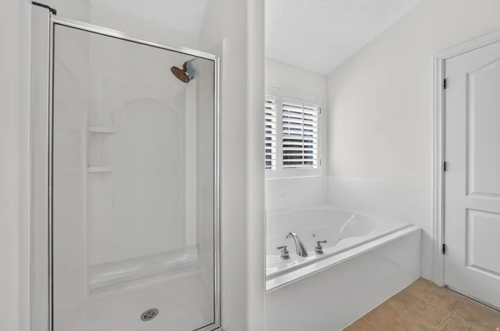 Shower enclosure with clear glass door, integrated shelving, and a jetted soaking tub with chrome fixtures