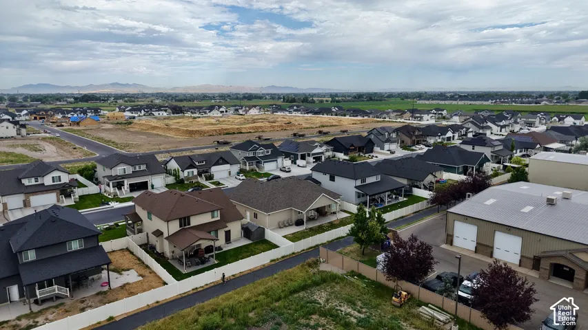 Aerial perspective showcasing a residential development with varied architectural styles