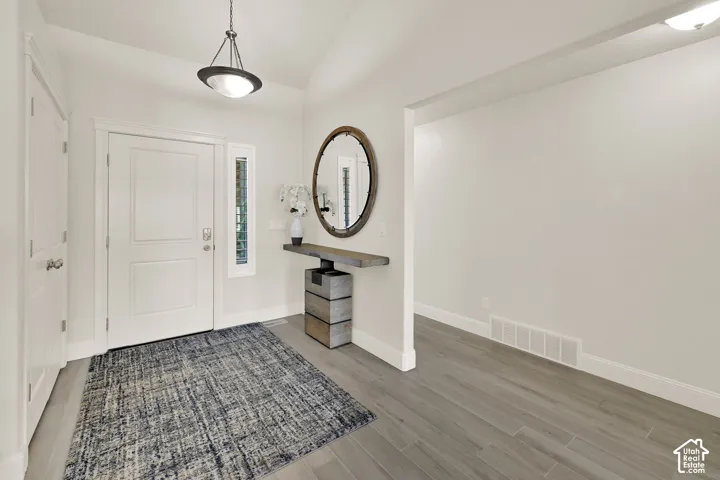 Welcoming entry with a paneled front door, sidelight window, and wood-finish flooring