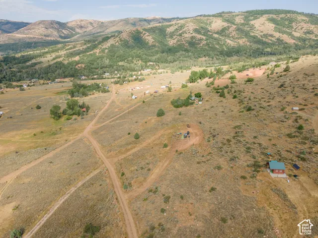 Expansive property featuring a scattered tree line, multiple dirt paths, and distant mountain ranges