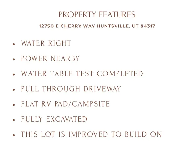 Property Features. Listing specific attributes of the property at 12750 E Cherry Way, Huntsville, UT 84317