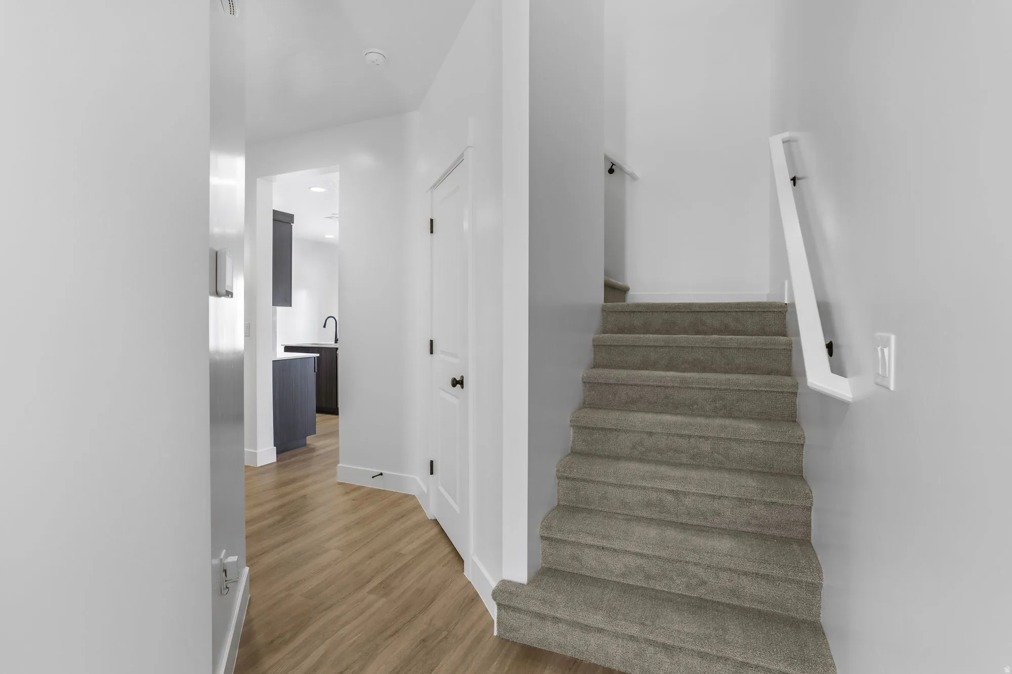 Carpeted staircase with contemporary white handrails, complemented by light wood-finish flooring
