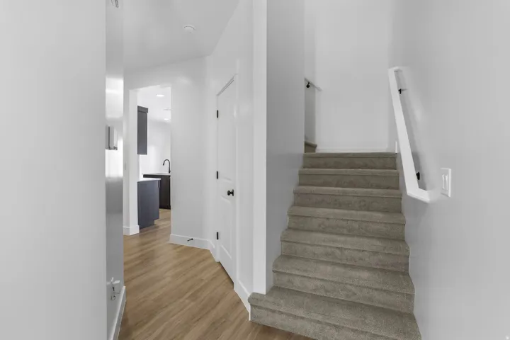 Carpeted staircase with contemporary white handrails, complemented by light wood-finish flooring