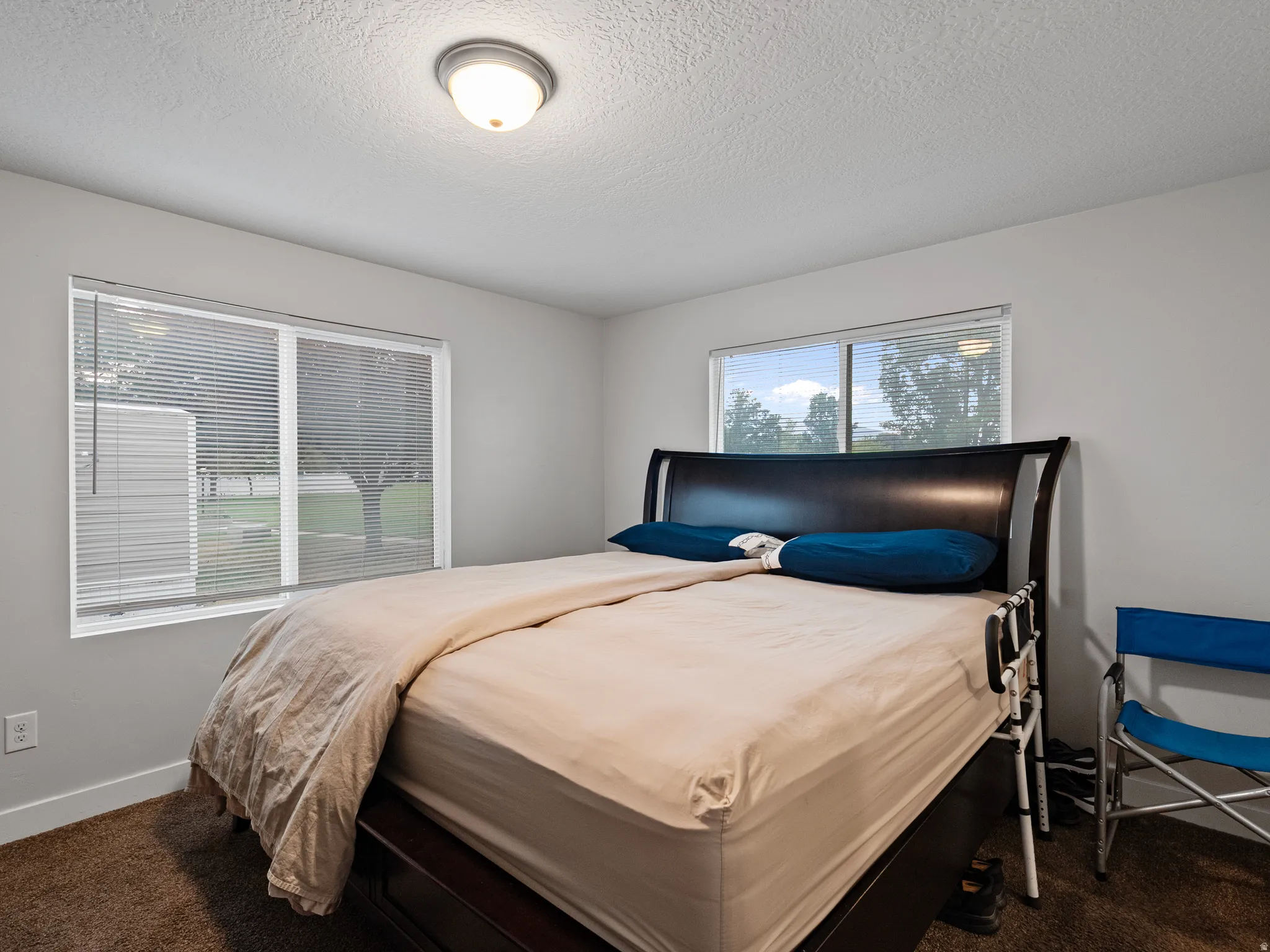 Carpeted bedroom featuring two large windows with blinds, a flush-mount ceiling light, and white baseboards