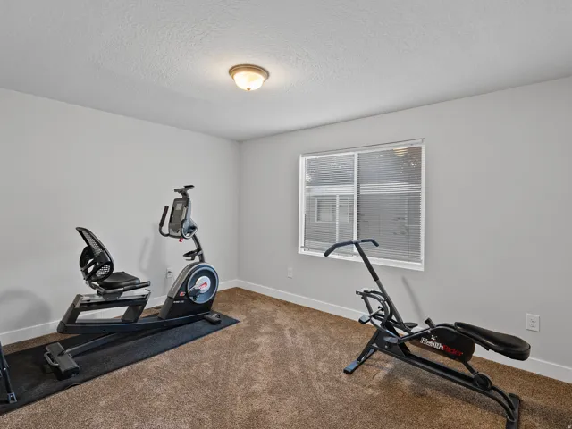 Interior room featuring light gray walls, a textured ceiling, and brown carpeting